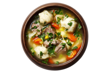 Chicken soup with dumplings and vegetables in bowl isolated on white backgroundの素材