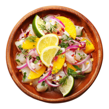 Sliced fresh fish ceviche with mango cubes, red onion, herbs, and lime on wooden plate isolated on white transparent background. Concept of South American cuisineの素材