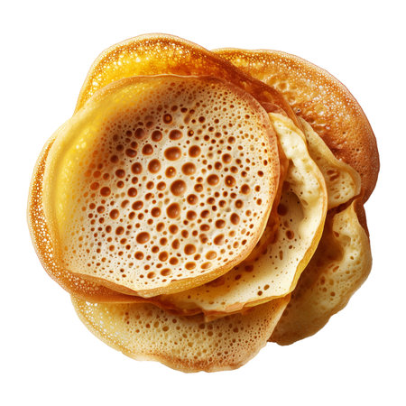 Sago Pancakes thin crepes or stack of pancakes topped with powdered sugar, isolated on white transparent background, Papua New Guinea breakfastの素材