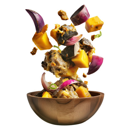 Papua New Guinea Taro and Sweet Potato Stew, thick stew of root vegetables and leafy greens, isolated on white transparent background. Concept of healthy natural foodの素材