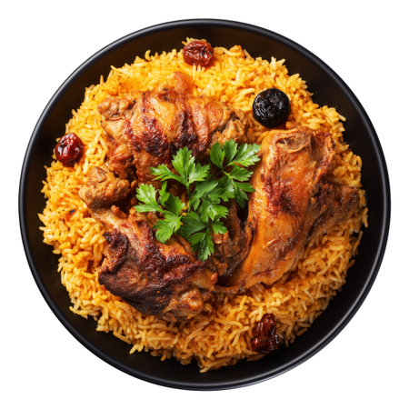 Kabsa bowl spiced biryani with lamb or chicken, rice, nuts, and raisins in wooden bowl, isolated on white transparent background. Concept of Arabic cuisineの素材