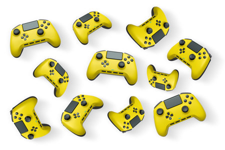 Wireless gaming controllers in air isolated on white background with clipping path, symbolizing...