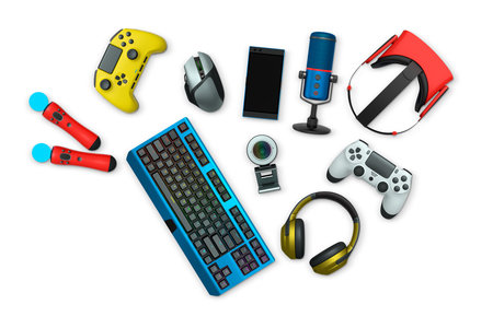 Gaming gear assortment with controllers, keyboard, headset, mouse, and mic isolated on white background with clipping path. Concept of gaming setupの写真素材