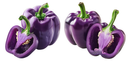 Whole purple bell pepper with a sliced half showing seeds and texture, isolated on white transparent background. Concept of fresh vegetables and healthy foodの素材