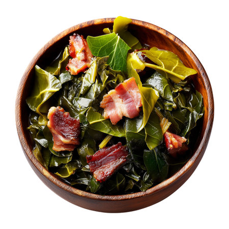 Cooked collard greens slow-cooked with crispy bacon slices served in wooden bowl, isolated on white transparent background, concept of traditional Southern cuisineの素材