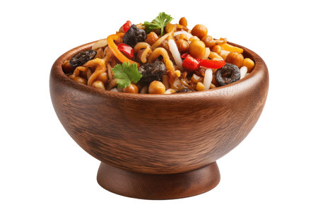 Chickpeas with mushrooms in wooden bowl isolated on white backgroundの素材
