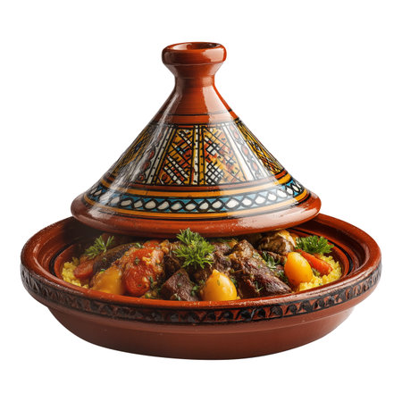 Moroccan Tagine Maghreb bowl with meat and vegetable in traditional clay pot, isolated on white transparent background. Concept of ethnic Arabic cuisine dishの素材