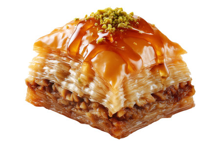 Traditional Turkish baklava filled with pistachios and syrup, cut square triangle isolated on white transparent background, symbolizing sweet cuisineの素材