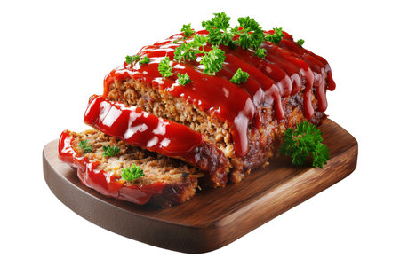 Meatloaf slice topped with ketchup and garnished with parsley on wooden plate, isolated on white transparent background, concept of homemade comfort foodの素材