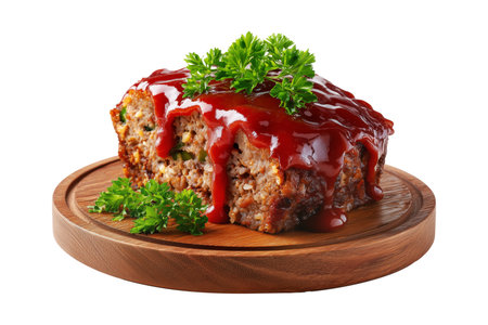 Meatloaf slice topped with ketchup and garnished with parsley on wooden plate, isolated on white transparent background, concept of homemade comfort foodの素材