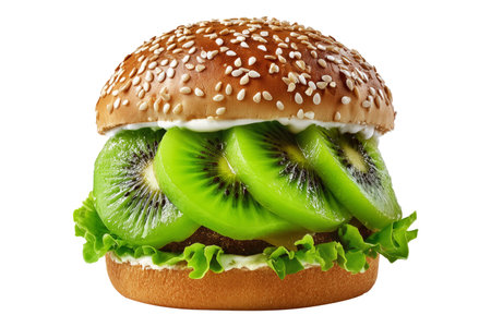 Kiwi burger with beetroot, cheese, onions, lettuce, and sauce isolated on white transparent background, concept of New Zealand fast foodの素材