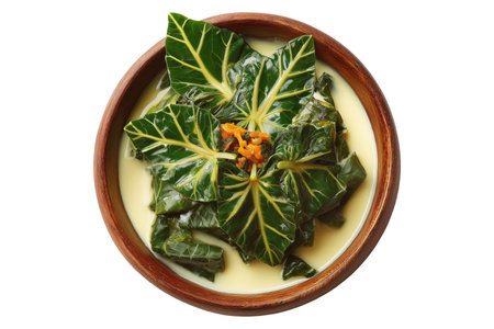 Rourou cooked taro leaves in creamy coconut milk, served in wooden bowl with garnishes, isolated on white transparent background, concept of Fiji cuisineの素材