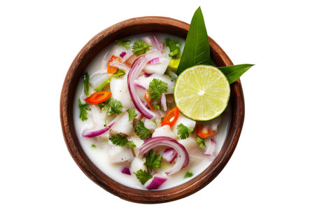Kokoda seafood ceviche with lime, onions and coconut milk served in wooden bowl isolated on white transparent background, concept of healthy gourmet Fijian cuisineの素材