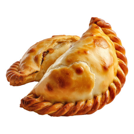 Saltenas Bolivianas baked empanadas with braided edges isolated on white transparent background, concept of South American Cuisineの素材