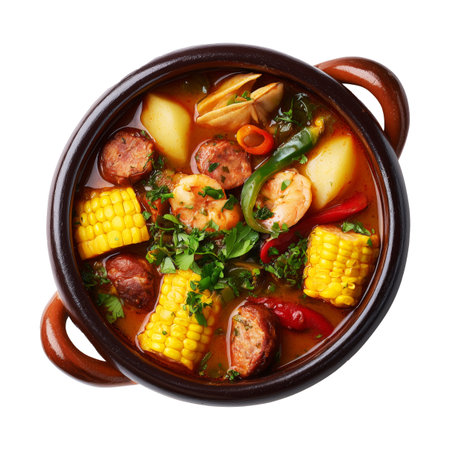 Cazuela chilean Stew pot served in rustic bowl isolated on white transparent background, traditional South American homemade cuisineの素材