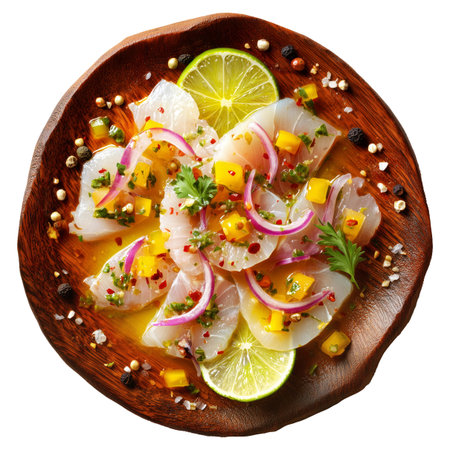Sliced fresh fish ceviche with mango cubes, red onion, herbs, and lime on wooden plate isolated on white transparent background. Concept of South American cuisineの素材