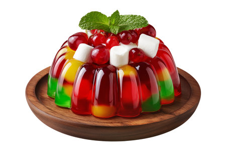 Jelly salad dessert topped with fresh berries, mint leaves, marshmallows and candy on wooden plate isolated on white transparent background, concept of sweet fruity freshnessの素材