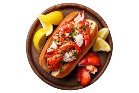 Lobster roll sandwich with lobster meat, lettuce and herbs in buttered bun on wooden plate, isolated on white transparent background. Concept of gourmet seafood cuisine mealの素材