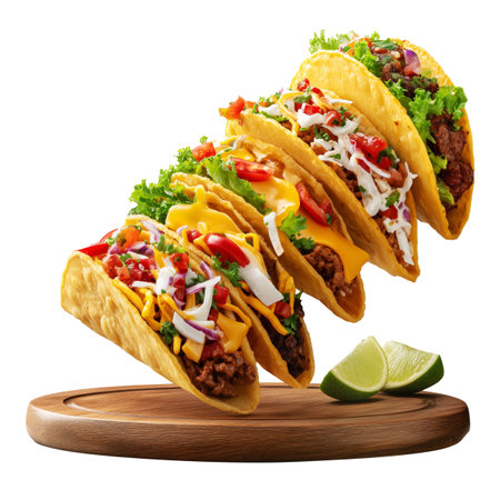 Crunchy beef tacos filled with ground meat, lettuce, cheese, and vegetables on wooden plate isolated on white transparent background, concept of Mexican fast food mealの素材