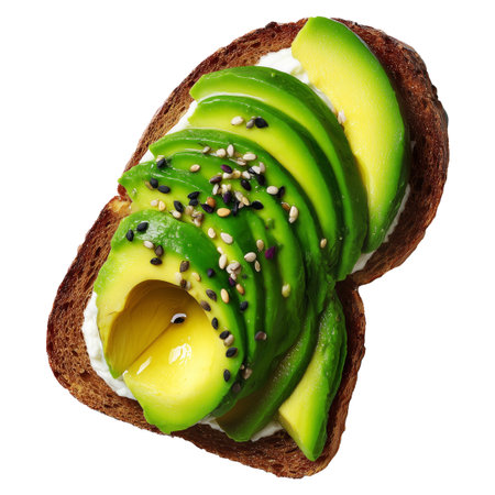 California avocado toast topped with ripe avocado slices, soft-boiled egg, sesame seeds, herbs and sauce, isolated on white transparent background, concept of healthy breakfastの素材