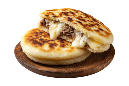 Grilled arepas plain sandwich filled with melted cheese and ground beef on wooden plate, isolated on white transparent background, concept of Latin street foodの素材