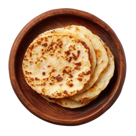 Cachapas sweet corn pancakes on wooden plate, isolated on white transparent background, concept of South American cuisine, breakfast or brunchの素材