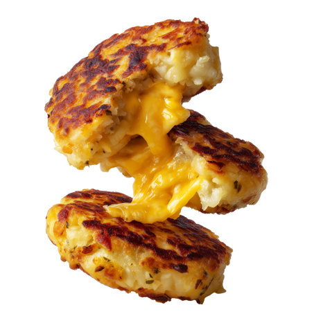 Ecuador lapingachos potato patties filled with melted cheddar cheese, isolated on white transparent background, concept of South American Cuisine and food snackの素材