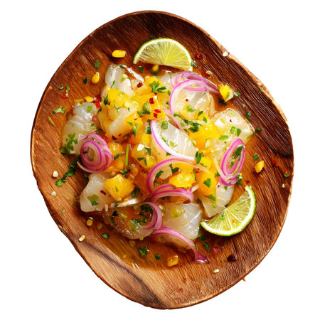 Sliced fresh fish ceviche with mango cubes, red onion, herbs, and lime on wooden plate isolated on white transparent background. Concept of South American cuisineの素材