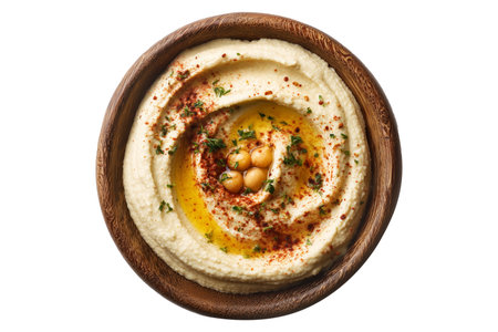 Creamy hummus served in wooden bowl, topped with cucumber, herbs, sesame seeds, and olive oil, isolated on white transparent backgroundの素材