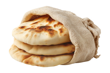 Traditional pita bread or flatbreads some floating above a sack, isolated on white transparent background. Concept of Arabic Cuisine and fresh bakeryの素材