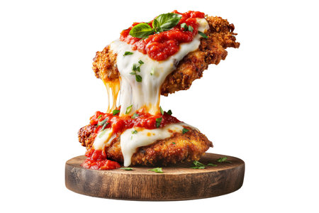 Australia breaded chicken Parmigiana cutlet topped with tomato sauce, melted cheese, and herbs on wood plate isolated on white transparent background, concept of Italian comfort foodの素材
