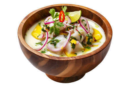 Oka Ia ceviche with raw fish, herbs, onions, and chili served in wooden bowl isolated on white transparent background, concept of traditional Polynesian cuisineの素材