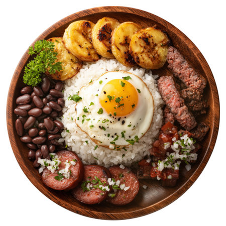Latin American Bandeja Paisa meal with rice, fried egg, meats, beans, and plantains served on wooden plate isolated on white transparent background. Colombia and Venezuela cuisineの素材