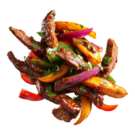Peru Lomo Saltado stir-fried beef strips with bell peppers, onions, and fries in glossy sauce, isolated on white transparent background, South American Cuisine conceptの素材