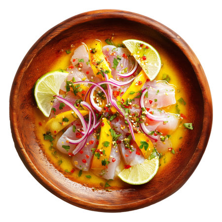 Sliced fresh fish ceviche with mango cubes, red onion, herbs, and lime on wooden plate isolated on white transparent background. Concept of South American cuisineの素材