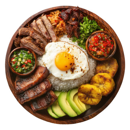 Latin American Bandeja Paisa meal with rice, fried egg, meats, beans, and plantains served on wooden plate isolated on white transparent background. Colombia and Venezuela cuisineの素材