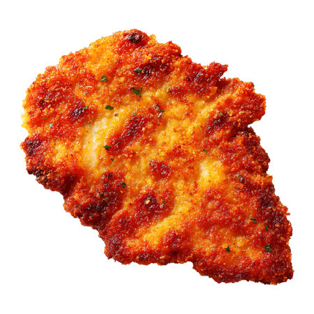 Milanesa breaded beef chicken schnitzel or cutlet with parsley garnish, isolated on white transparent background, concept of South American Cuisineの素材