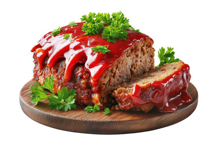 Meatloaf slice topped with ketchup and garnished with parsley on wooden plate, isolated on white transparent background, concept of homemade comfort foodの素材