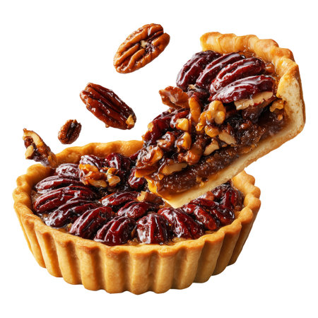 Sweet glazed pecan tart pie with golden crust and caramelized nut topping, isolated on white transparent background, concept of dessertの素材