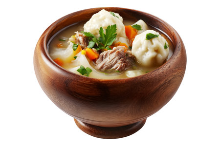 Hot meat pork soup with vegetables and doughboys dumplings in wooden bowl, isolated on white transparent background, concept of New Zealand cuisineの素材