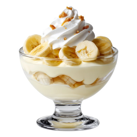 Banana pudding dessert with whipped cream and mint leaves in glass cup, isolated on white transparent background, concept of Papua New Guinea sweet treatの素材