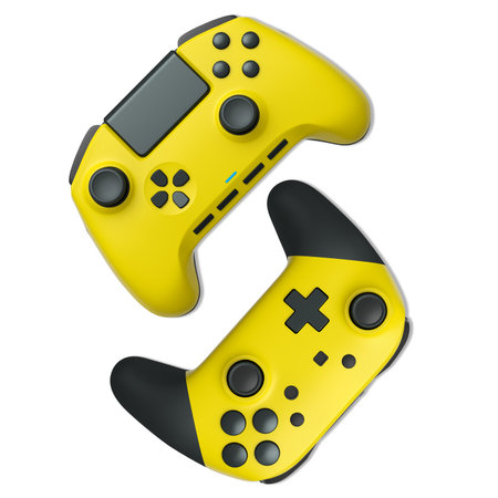 Wireless gaming controllers flying in air isolated on white background with clipping path,...