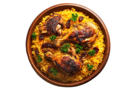 Kabsa bowl spiced biryani with lamb or chicken, rice, nuts, and raisins in wooden bowl, isolated on white transparent background. Concept of Arabic cuisineの素材