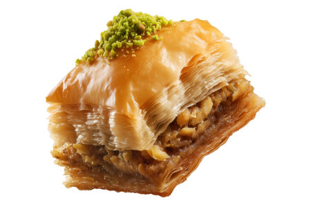 Traditional Turkish baklava filled with pistachios and syrup, cut square triangle isolated on white transparent background, symbolizing sweet cuisineの素材