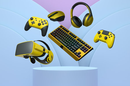 Gaming and streaming accessories including RGB keyboard, headphones, mouse, joystick and VR glasses...