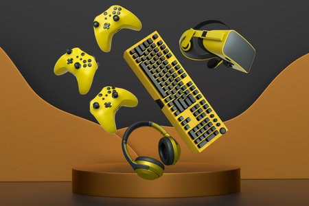 Gaming accessories including keyboard, headset, mouse, controller, and VR headset, shown above...