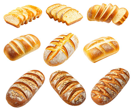 Various types of sliced artisan bread loaves with crusty and soft textures, isolated on white background, concept of bakery.の素材