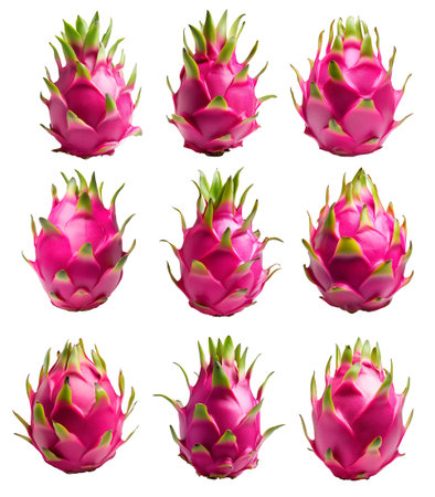 Set of sliced dragon fruit with vibrant pink skin and white pulp speckled with black seeds isolated on white transparent background, concept of exotic fruitsの素材