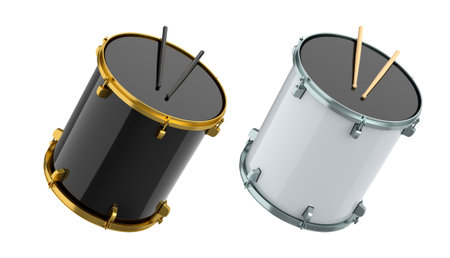 Set of drums and wooden drum sticks on white background. 3d render concept of musical instrument, drum machine.の写真素材