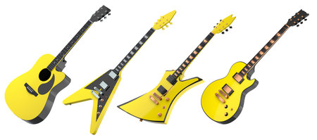 Set of electric acoustic guitar isolated on white background. 3d render of concept for rock festival...
